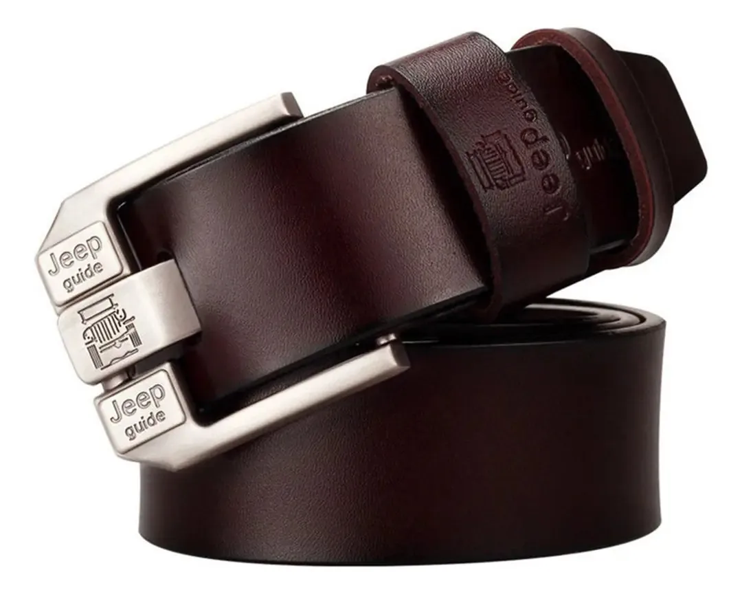 Cintos de couro bovino elegantes para homens, cor marrom, design de tecido, listras, tamanho 125