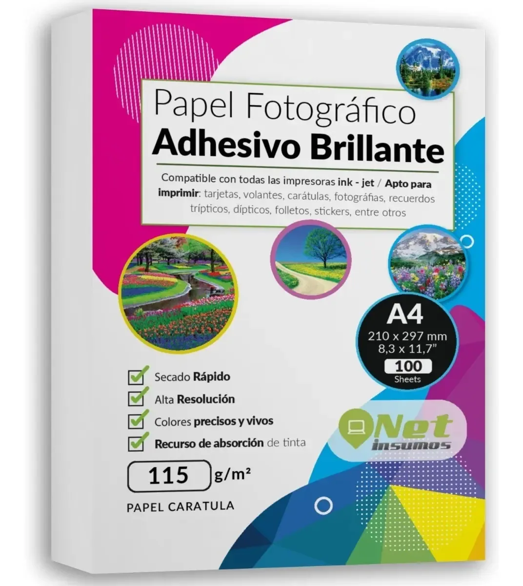 Papel fotográfico adesivo brilhante A4 115gr, pacote de 100 folhas