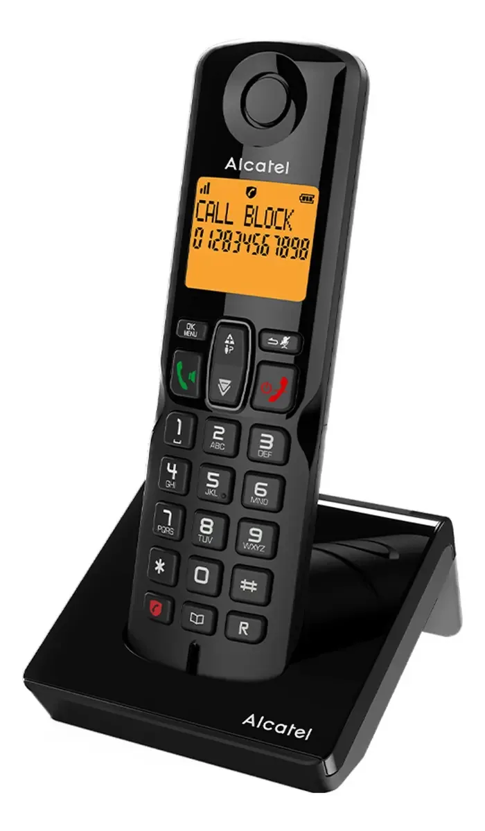 Telefone Sem Fio Alcatel Preto com Identificação de Chamadas, Mãos Livres, Bloqueio de Chamadas e Rediscar. Ideal para casa.