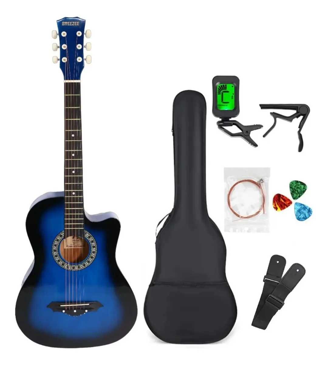 Acessórios de guitarra acústica curva de 38 polegadas Material da caixa com alça azul Material de escala ABS Orientação à mão direita