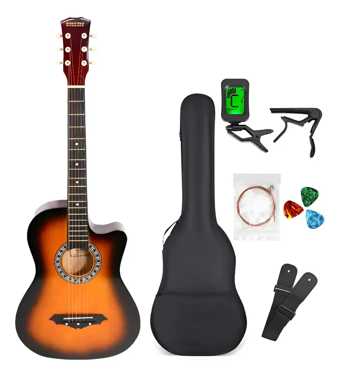 Acessórios de guitarra acústica curva de 38 polegadas, cor de café, material da caixa, material de escala ABS, orientação à mão direita