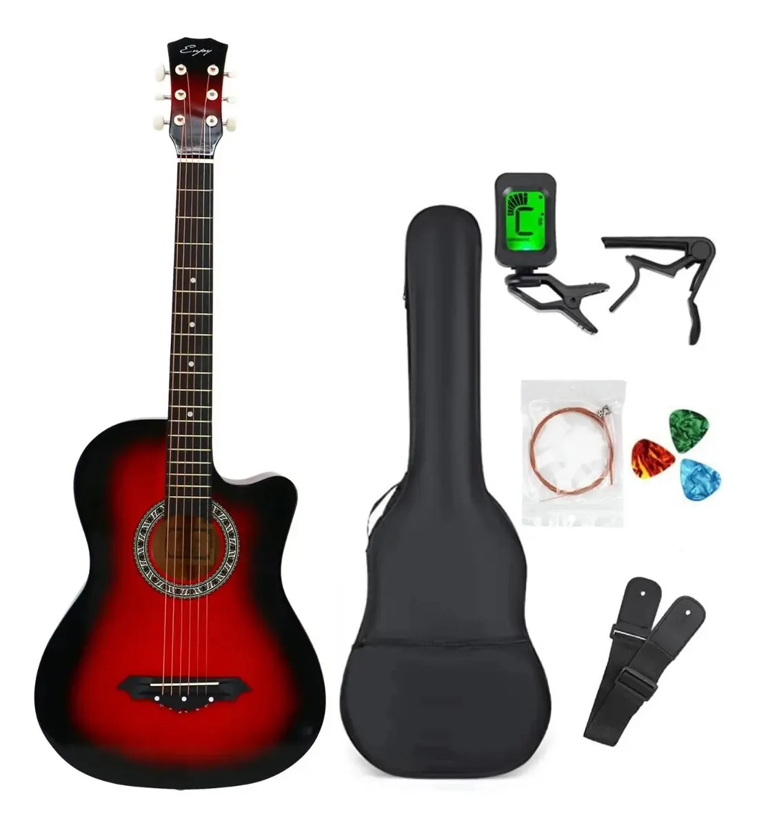 Acessórios de guitarra acústica curva de 38 polegadas Material da caixa com alça vermelha Material de escala ABS Orientação à mão direita