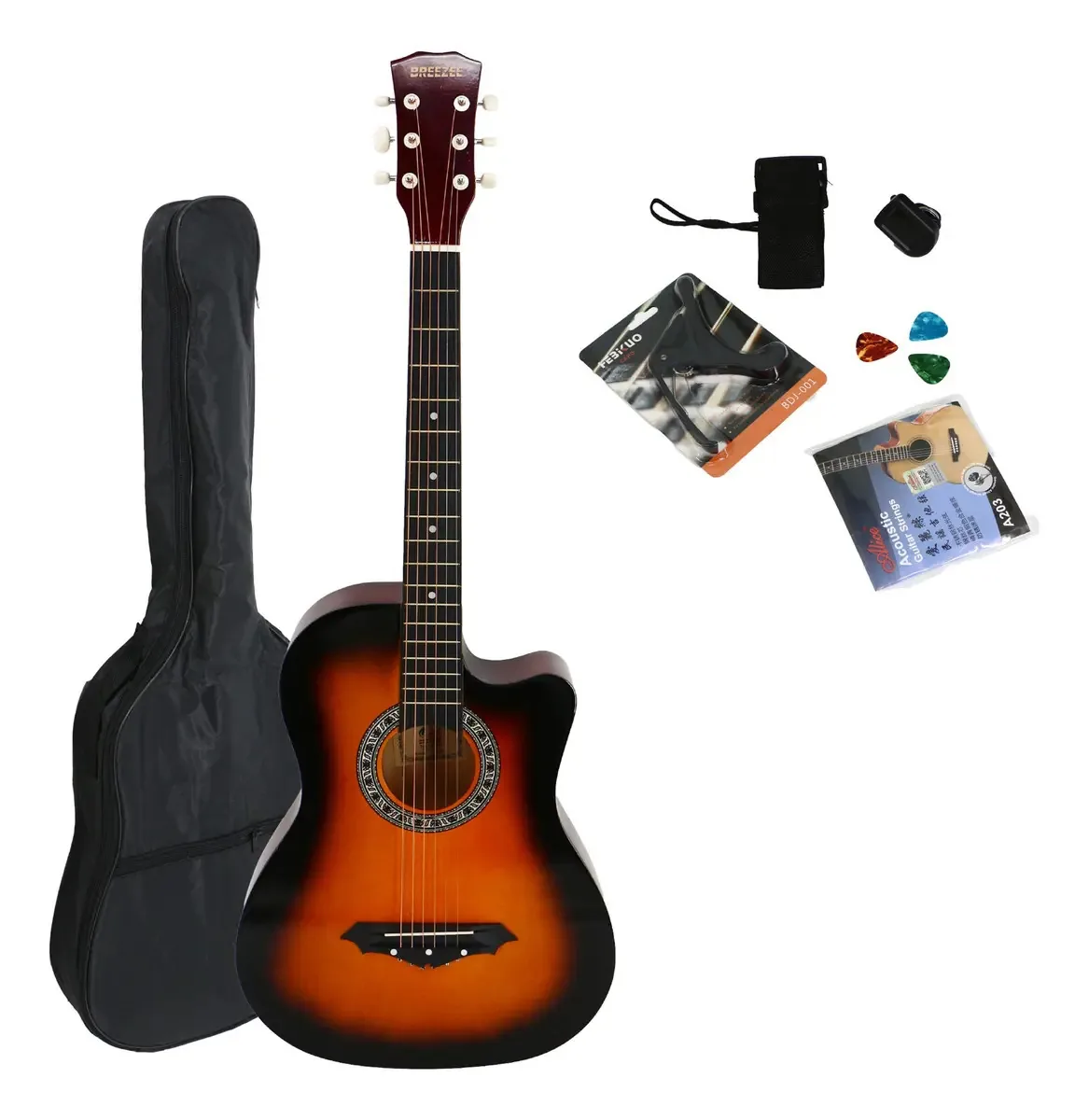 Acessórios de guitarra acústica curva de 38 polegadas Sunburst Color Strap Material da capa Material de escala ABS Orientação à mão direita