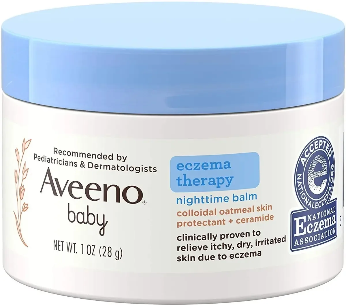 Bálsamo corporal noturno Aveeno Baby Eczema Therapy, 28 g, tratamento hidratante para eczema, com ceramidas e complexo triplo de aveia, alivia a pele seca, irritada e com coceira, hipoalergênico,...