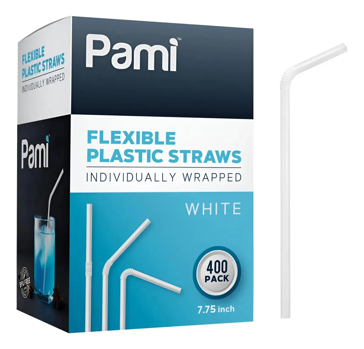 Canudos de plástico flexíveis biodegradáveis Pami, 400 pacotes, rodo branco