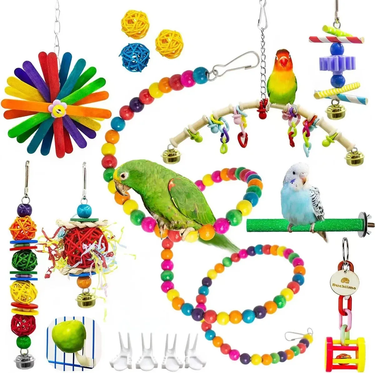 Conjunto de brinquedos para papagaios, pássaros, papagaios, papagaios mastigáveis, 15 unidades, multicolorido
