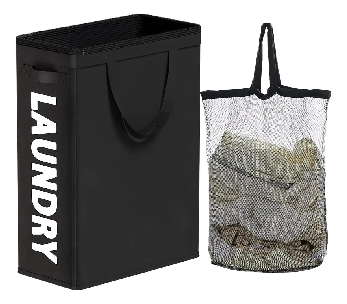 Cesto de roupa suja fino com bolsas e alças internas