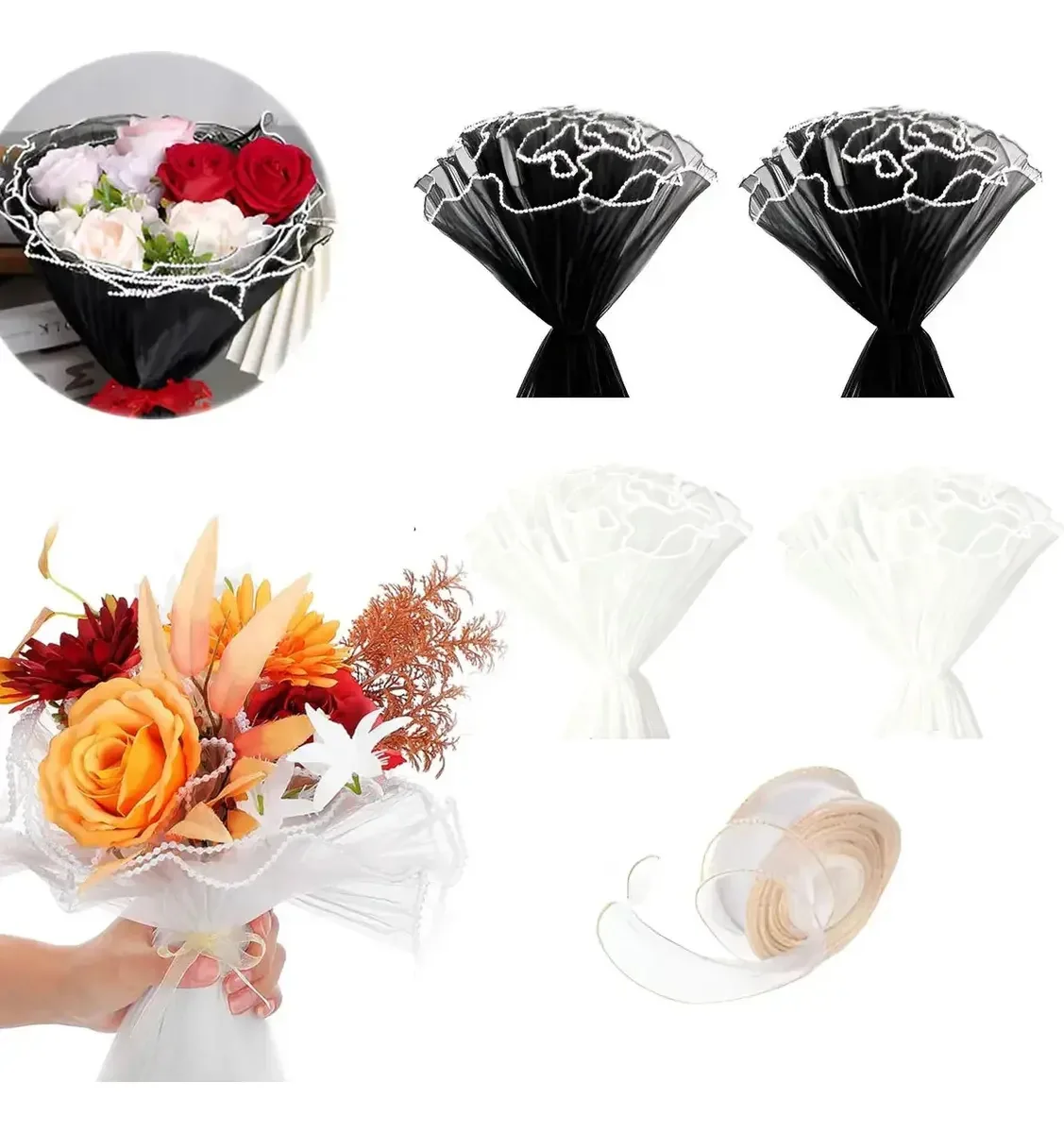 5 peças de malha para embrulhar flores, tecido de pérolas, buquê enrugado com borda translúcida de pérolas, papel de embrulho floral para Dia dos Namorados, Dia das Mães, florista