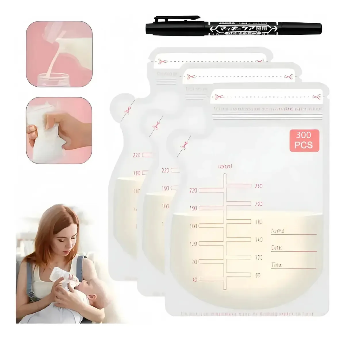 Sacos de leite materno de 300 peças, sacos de armazenamento de leite 250 ml/8,5 onças, organizador de congelamento para sacos de armazenamento de leite, presente de maternidade, sacos de leite materno