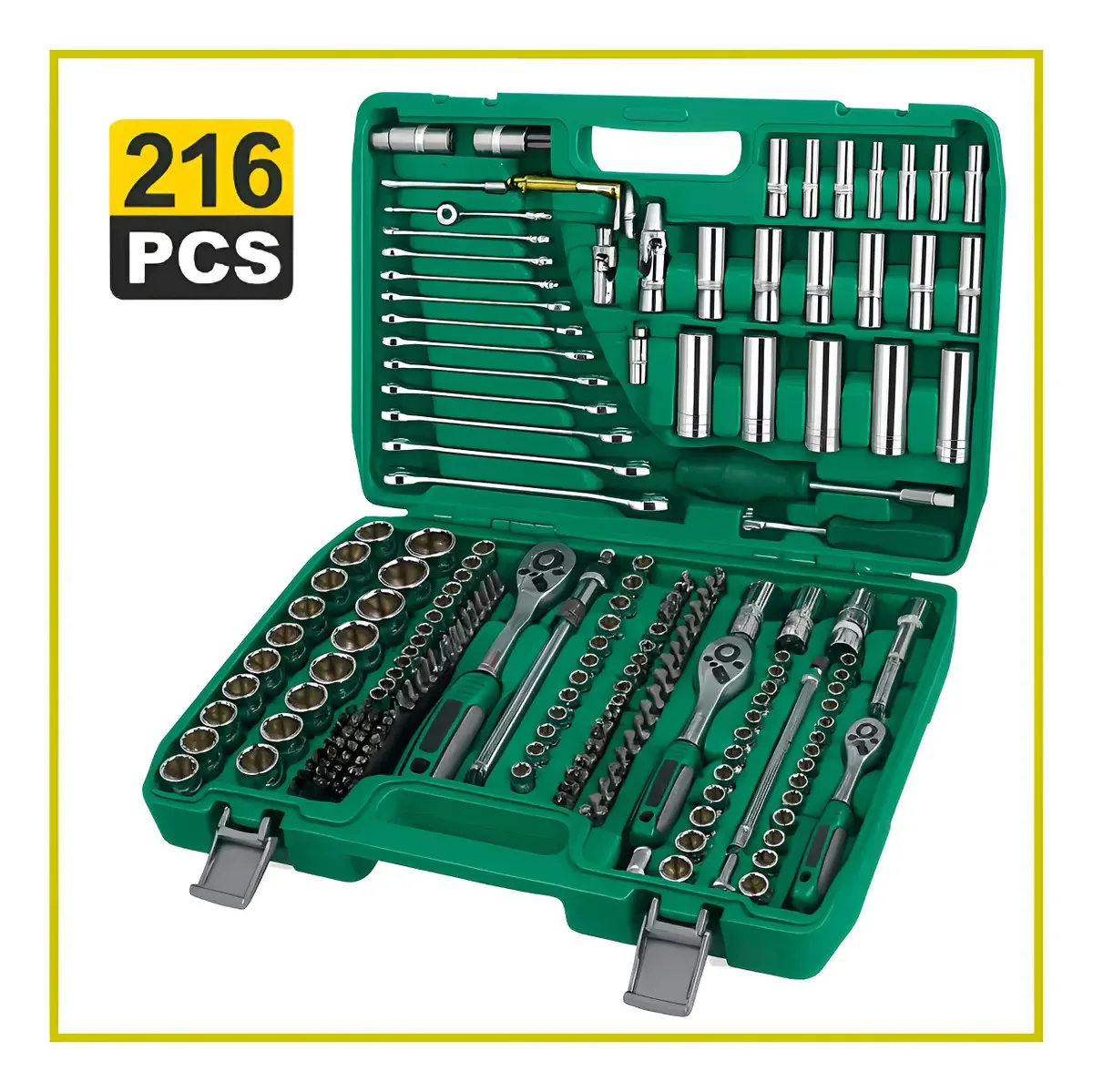 Caixa de ferramentas, conjunto de tubos, 216 peças, estojo móvel, cor, caixa verde