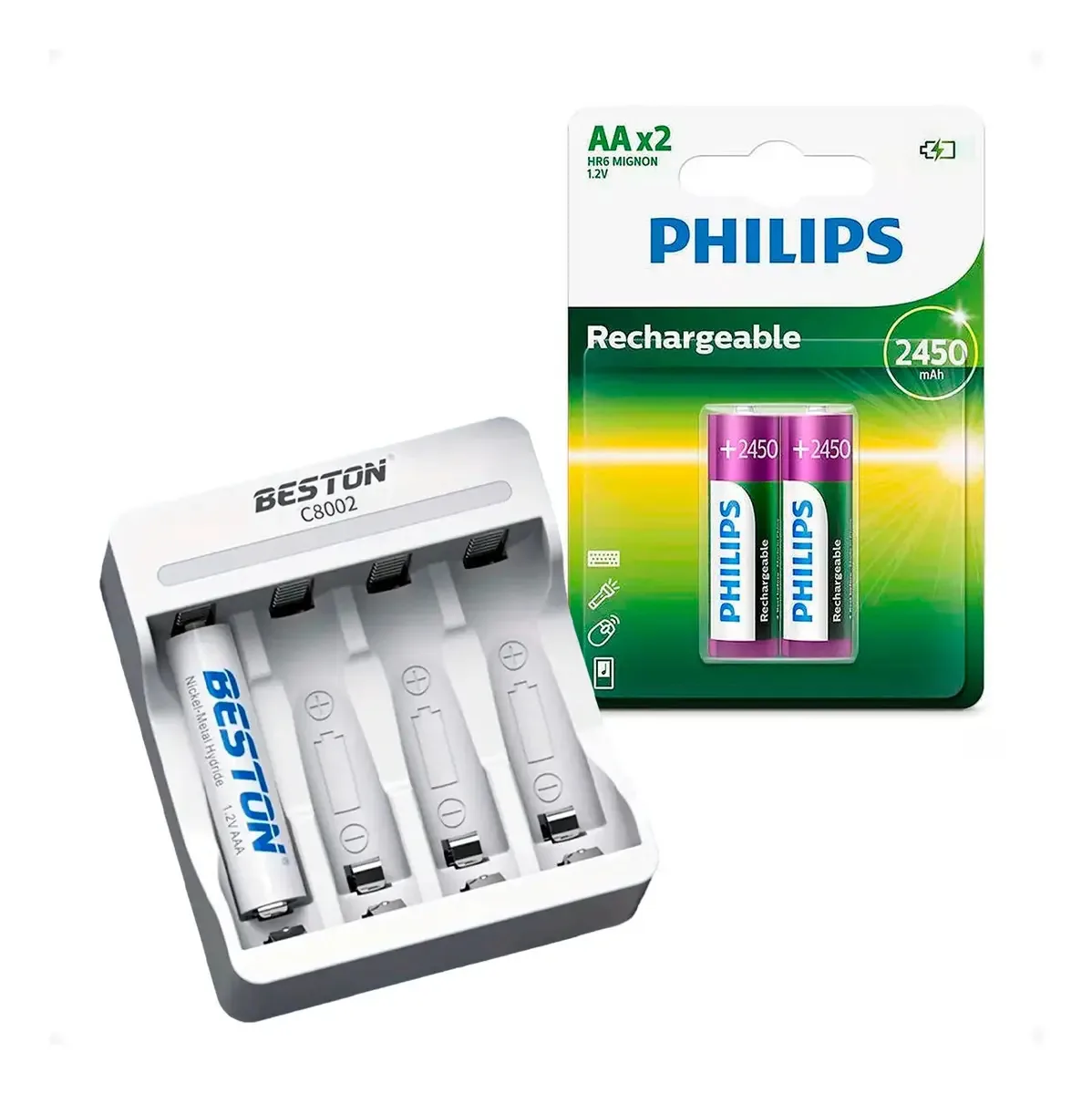 Carregador de bateria Philips Aaa/Aa + 2 baterias recarregáveis Aa