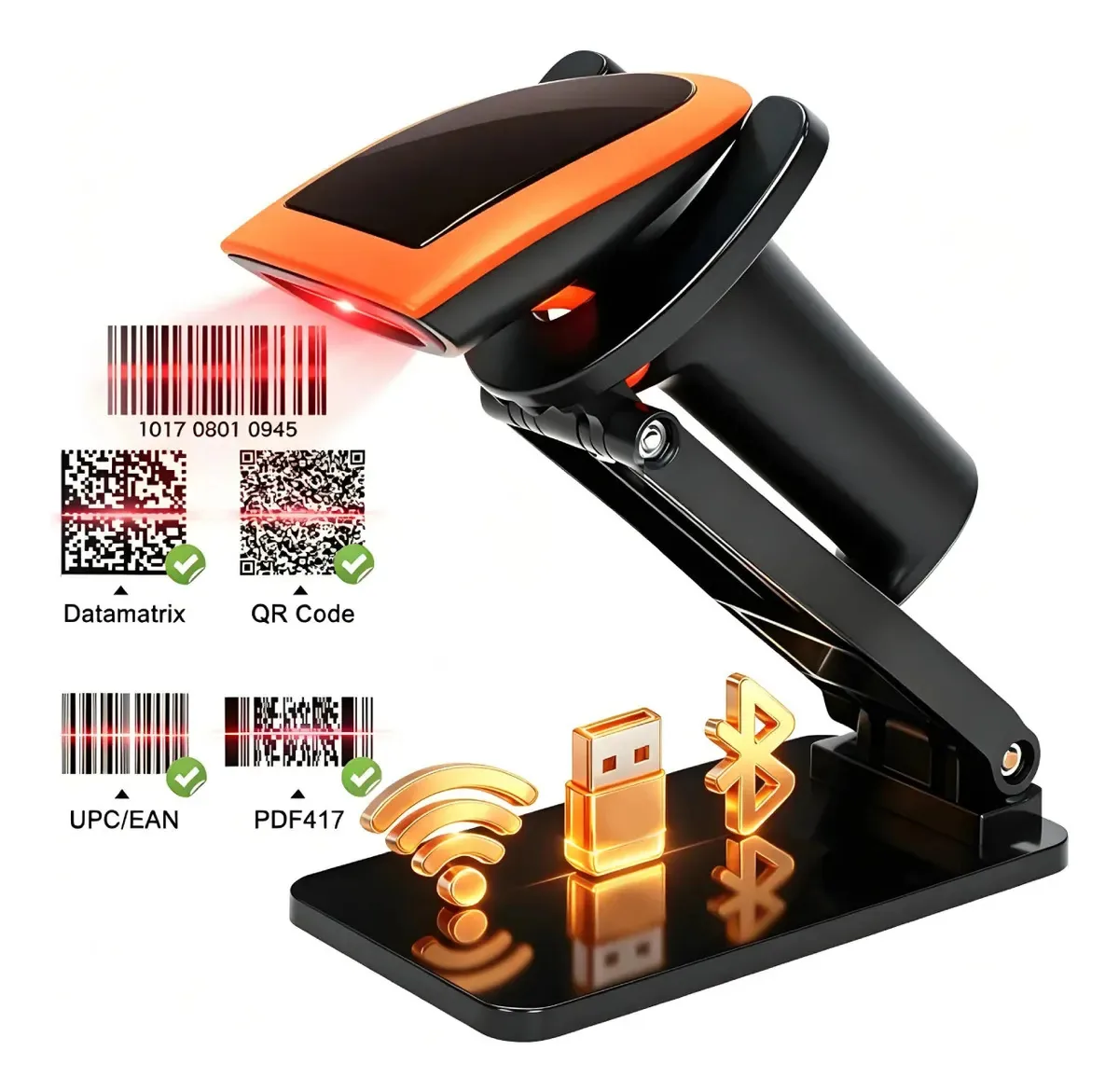 Leitor de código de barras USB QYIKLPY, scanner 1D/2D sem fio, leitor de código de barras bluetooth com base, pode ser usado manualmente ou fixo. Leitor QR para pistola de inventário comercial em...