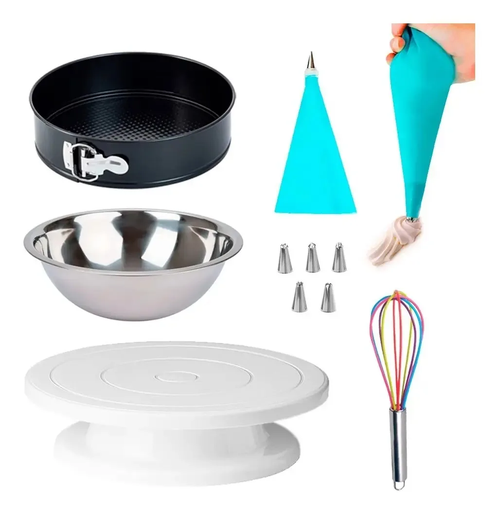 Kit completo para preparar bolos, mesa giratória e decoração