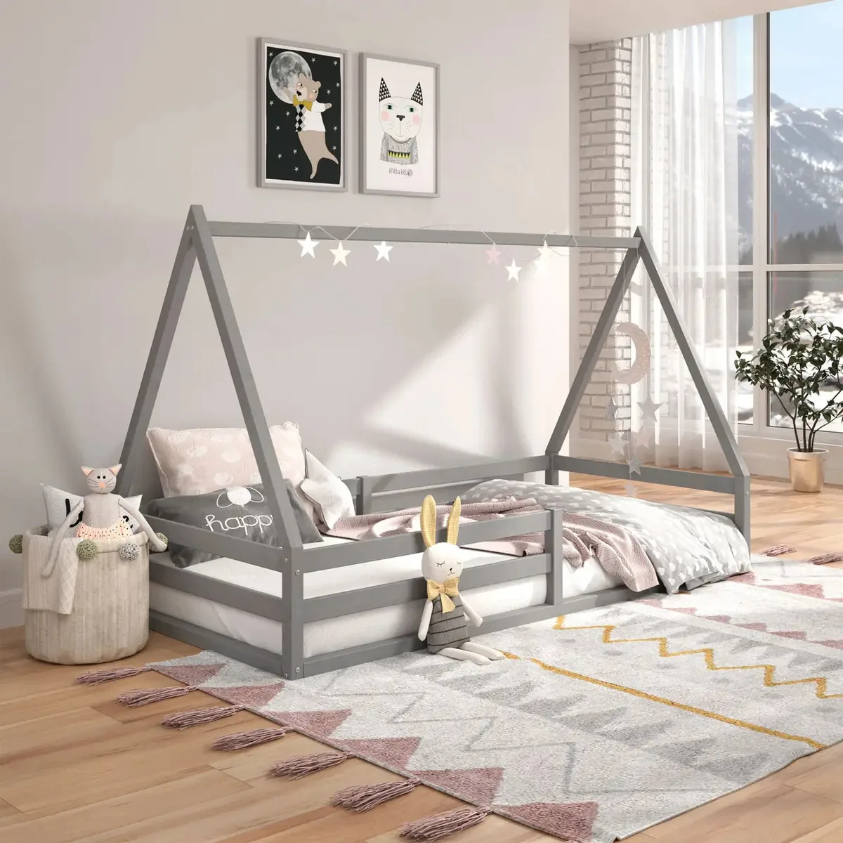Cama Montessoriana Madeira Maciça Casa Estrado Sila Cinza Camas Casa