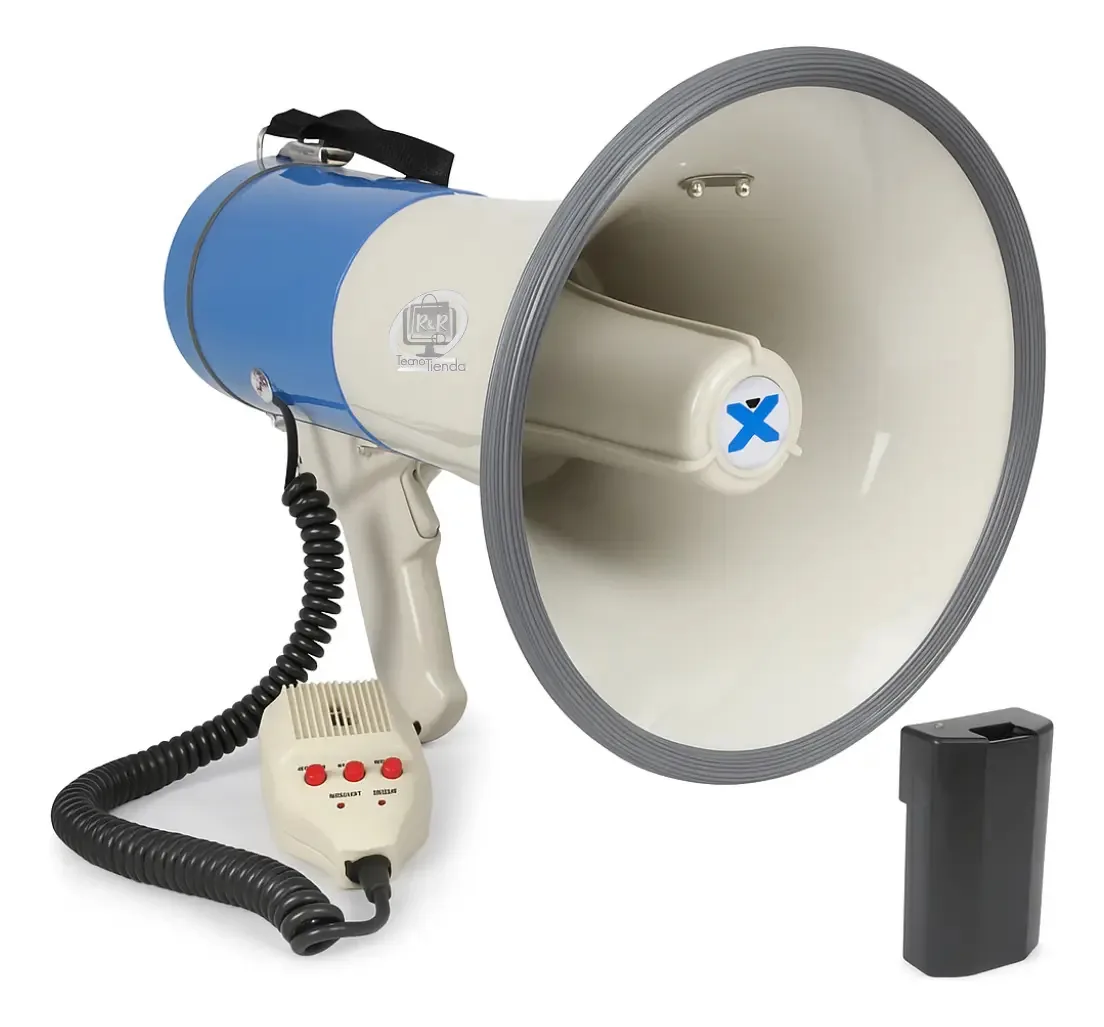 Megafone portátil branco de 50 W com bateria recarregável azul claro Alto-falante poderoso e leve, ideal para eventos, segurança e emergências, som alto e claro para uso multifuncional | Tecnotiendarr