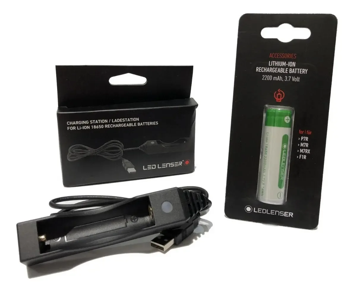 Combinação de bateria e carregador Lenser Led+ 1x 18650 2200mah