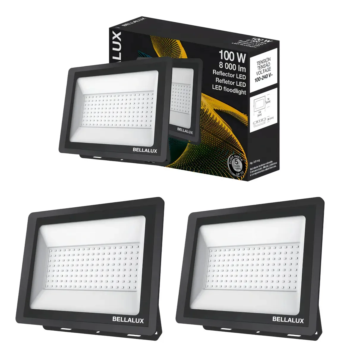 Kit com 3 Refletores LED 100W Bellalux Preto Branco-Frio 6500K Bivolt