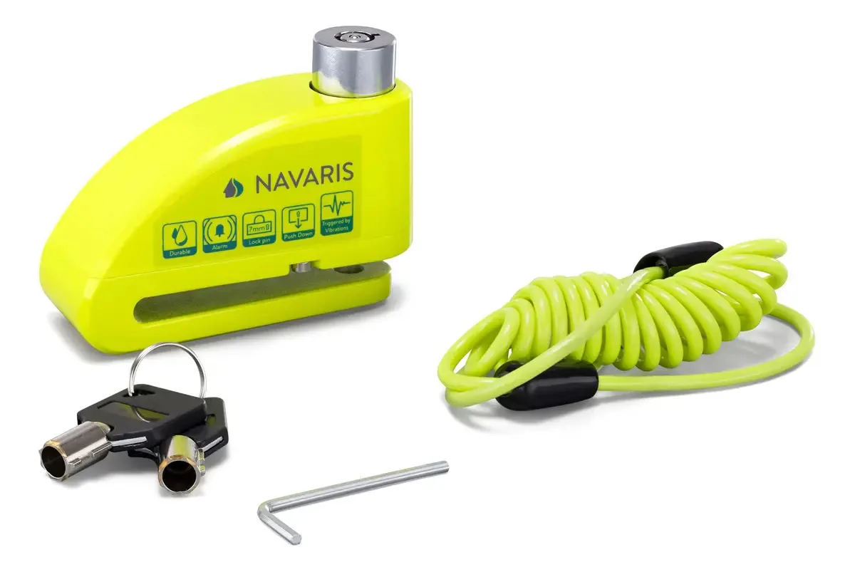 Fechadura de disco para motocicleta Navaris com alarme, trava