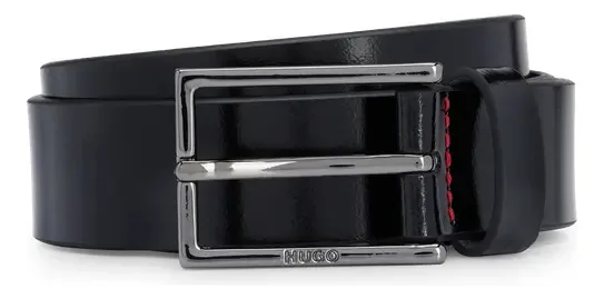 Cinto de couro masculino Hugo com logotipo de duas linhas, cor preta, tamanho 34,0