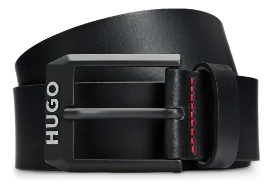 Cinto de couro Hugo para homens com fivela preta fosca, cor preta, tamanho 34,0