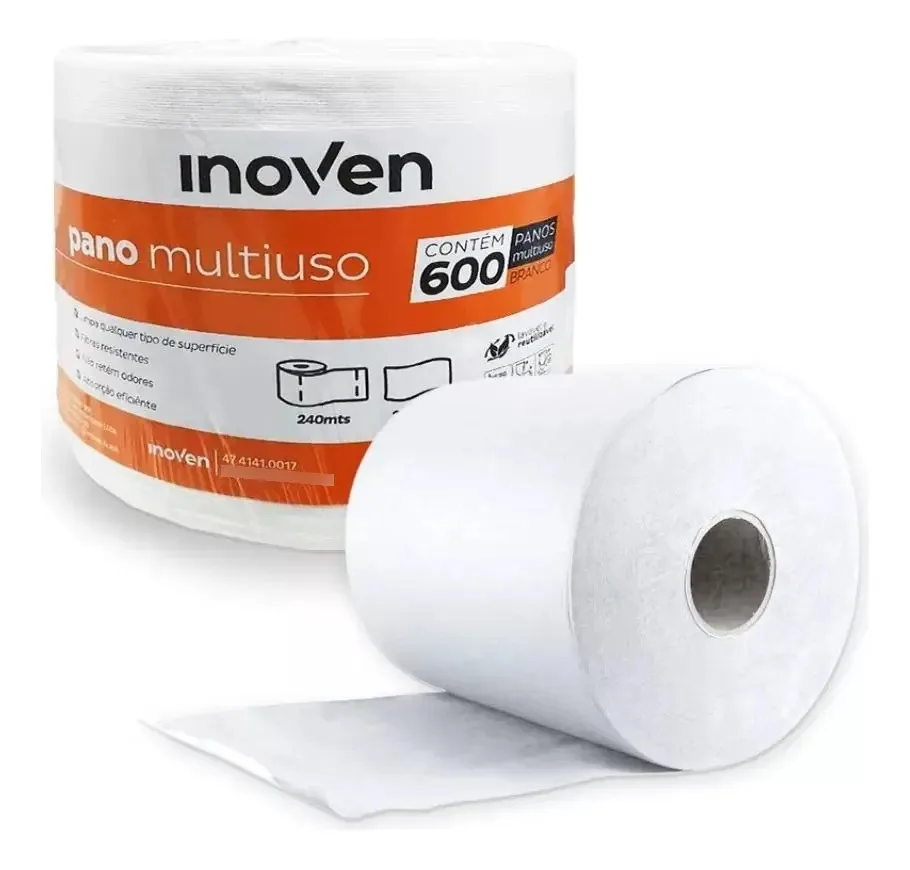 600 Panos Multiuso Perfex 20x40cm Inoven Rolo 240m Limpeza Cor Branco