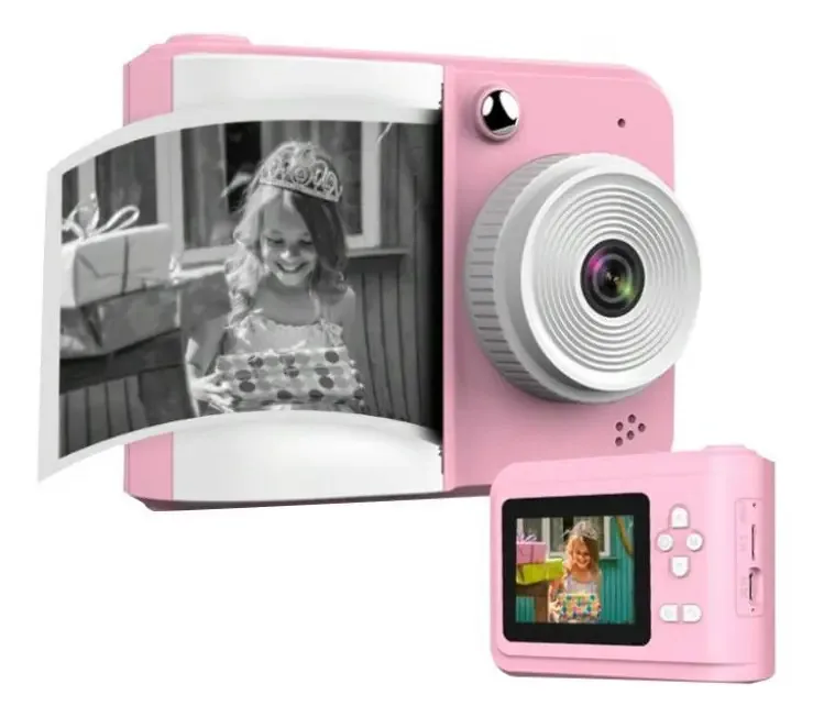 Câmera fotográfica digital, impressão instantânea, vídeo infantil rosa com jogos