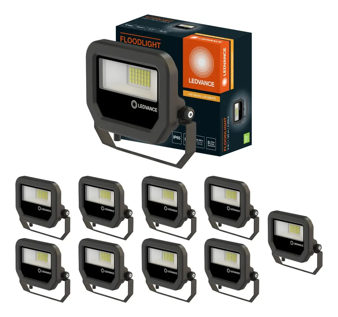 10 Refletores Led Preto Ip65 3000k 9w Pfm Ledvance