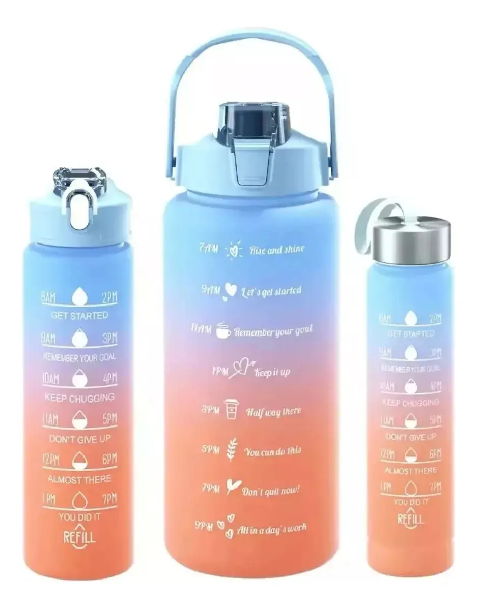 Conjunto de 3 garrafas esportivas motivacionais Pico Water Stickers azuis com laranja