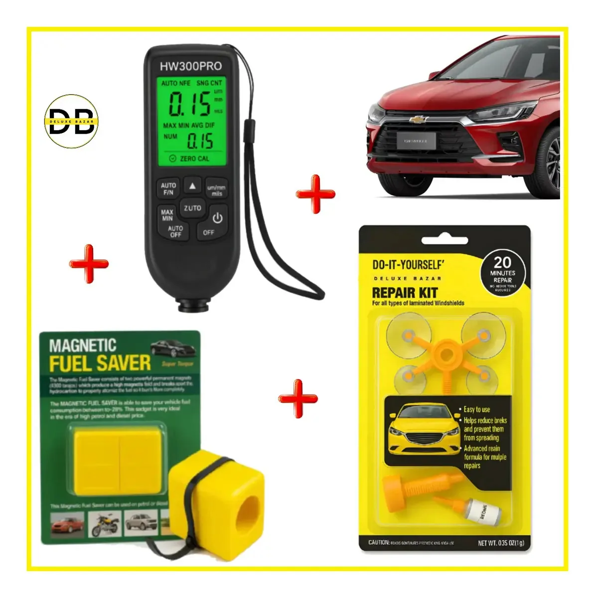 Kit de reparo automotivo Medidor de tinta ultrapreciso + Kit de reparo: rachaduras no vidro do para-brisa, resina UV e economizador de combustível, carros com certificação CNG, motocicletas e...