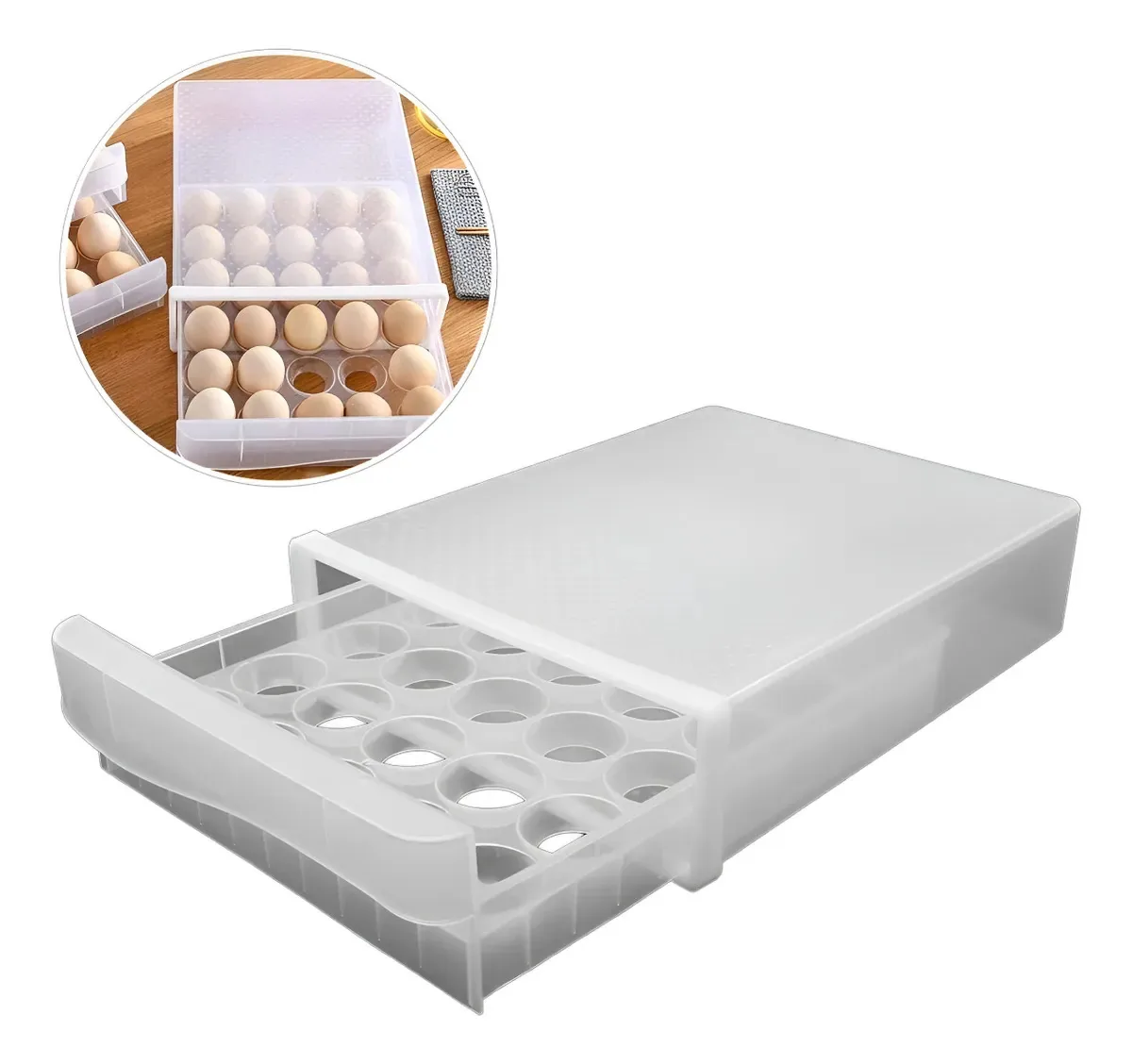 Caixa de armazenamento de ovos extensível para 30 ovos. Branco transparente
