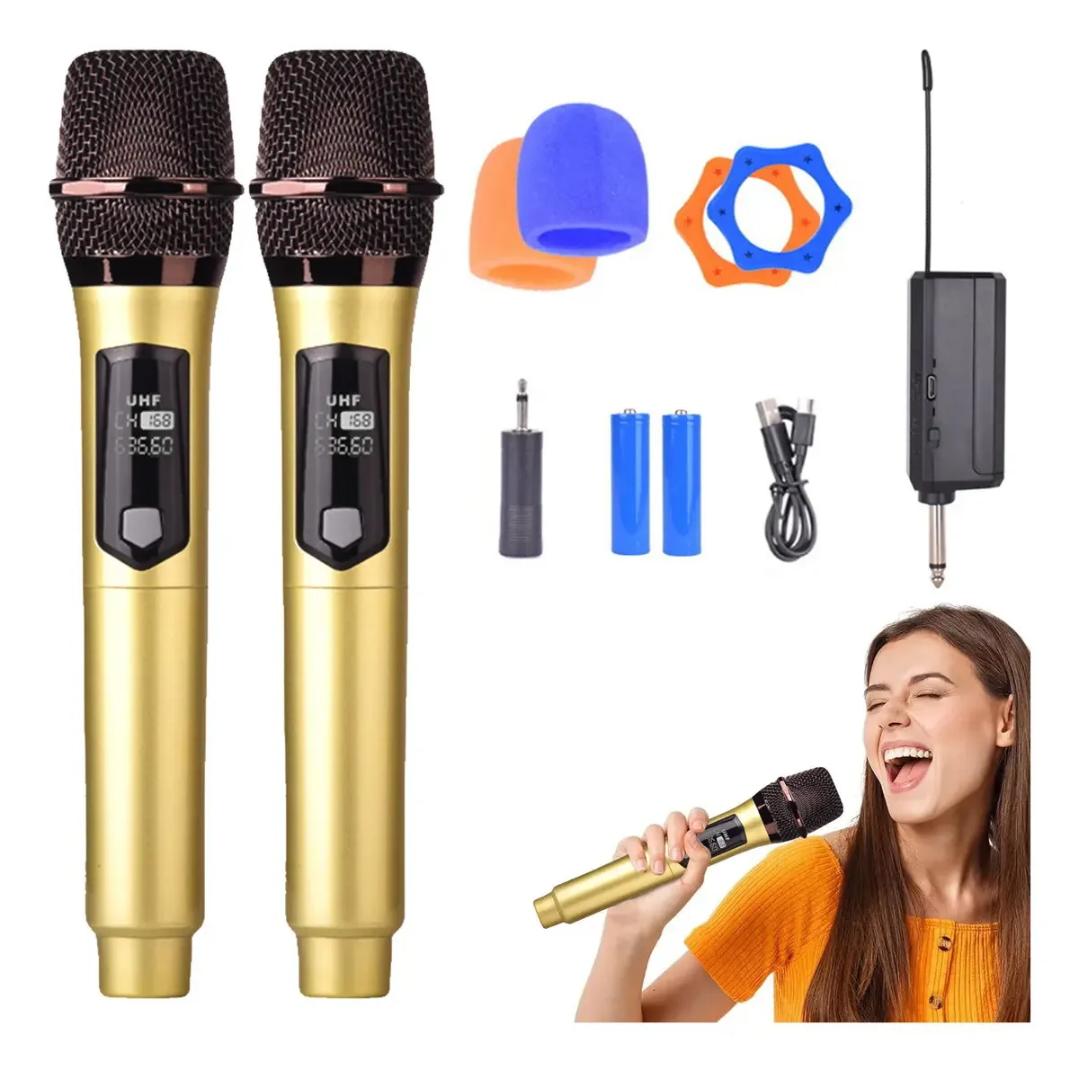 2 Microfones profissionais de karaokê sem fio com receptor dourado