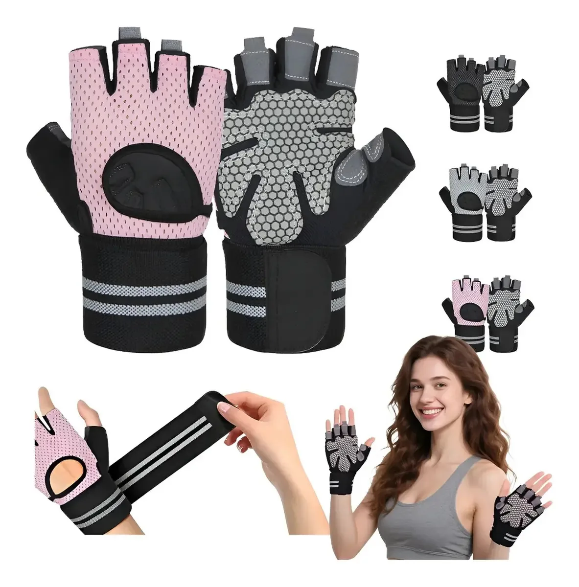 Luvas para ginástica, esportes, pesos, pulseiras para mulheres e homens, cor: rosa, tamanho S