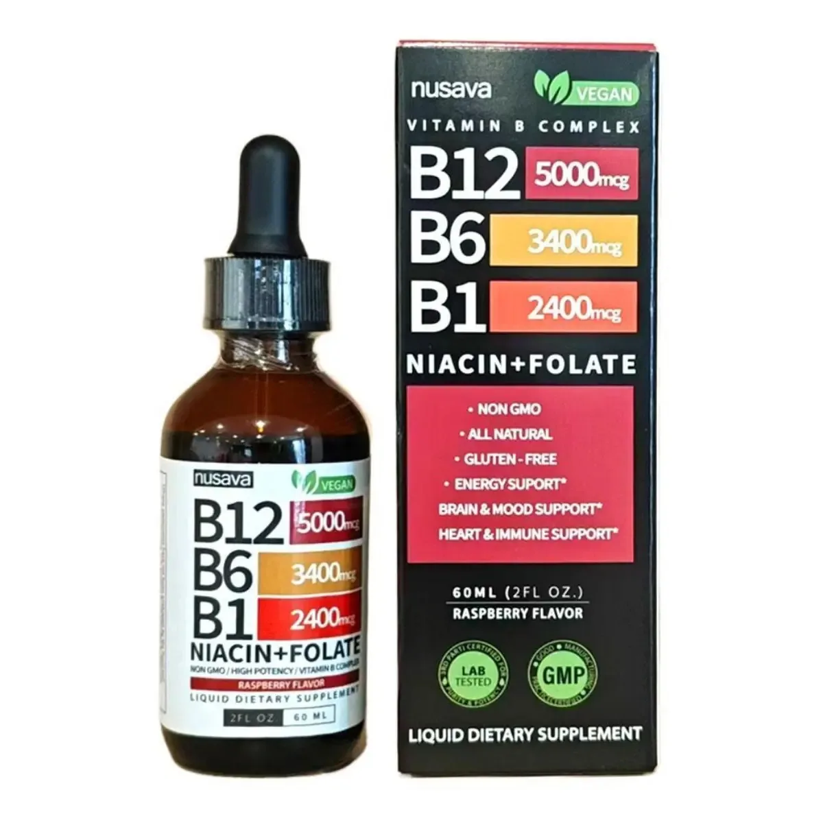 Gotas líquidas de vitamina B12, B6 e B1 Elfleaf Nusava, complexo B sublingual, contém nicotinamida e ácido fólico, apoia a saúde do cérebro, coração e pele 60 ml, 2 unidades