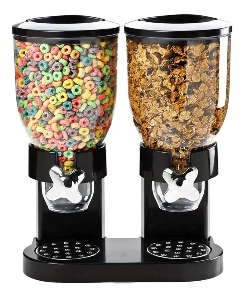 Dispensador de mesa duplo: cereais, grãos doces, frutas secas, cor preta