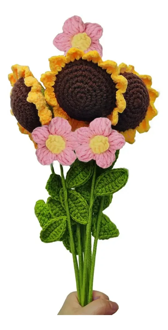 Flores de crochê, buquê de girassol, fios de algodão, ornamentos de girassol e flores rosa