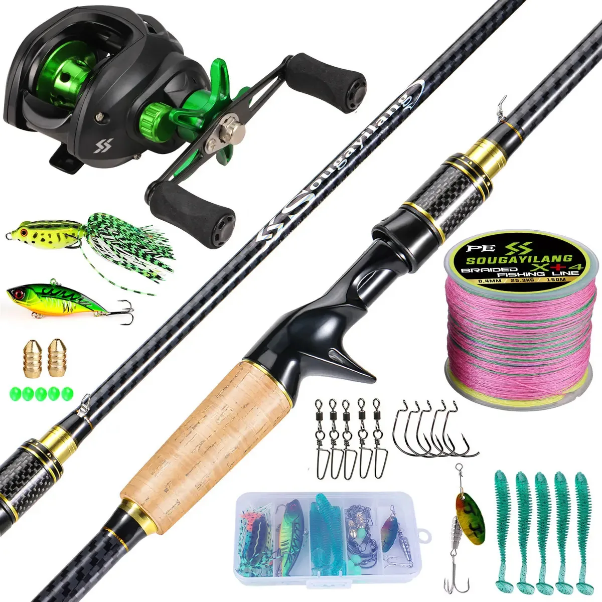 Kit Pesca Completo - Vara 1.80m E Carretilha 7.2:1 Direito+ Linha - Com Acessórios Sougayilang