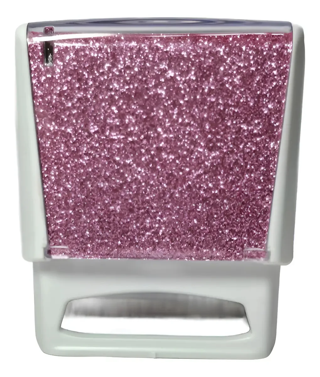 Carimbo Automático + Exterior Personalizado Tinta Preto Exterior Carcaça Branca - Glitter Rosa Claro