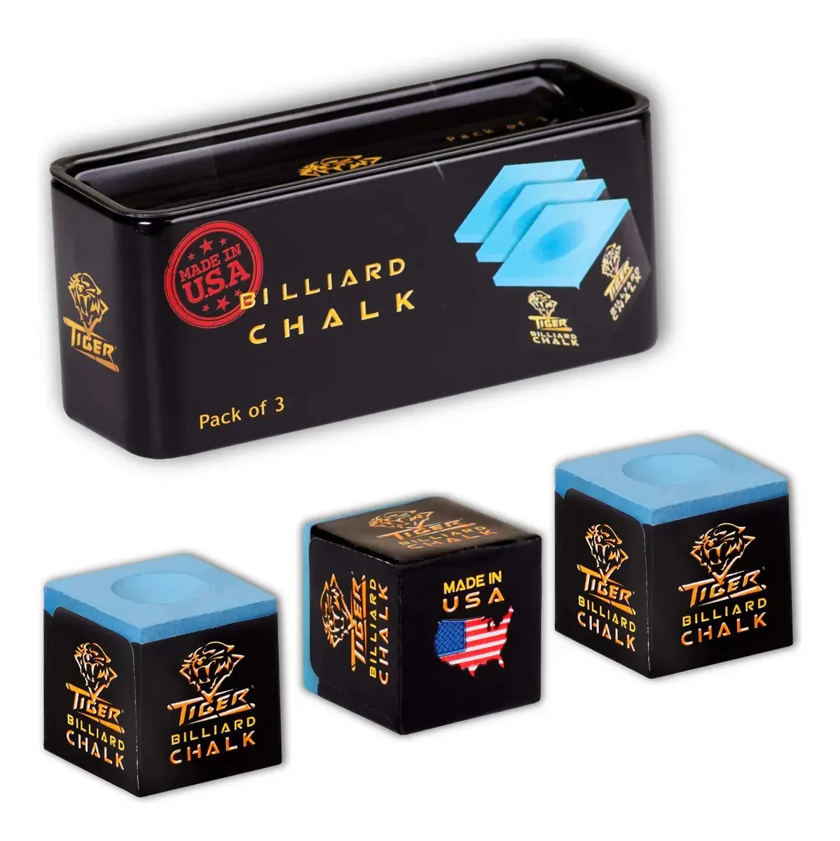 Pacote de 3 giz de bilhar Tiger Pool Taco Blue