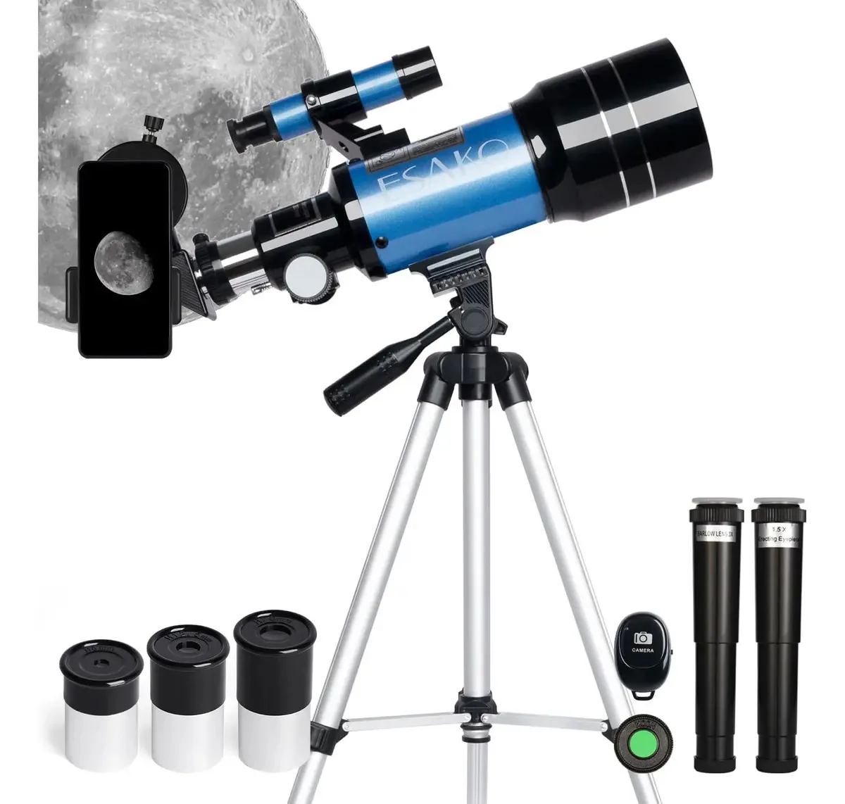 Telescópio Esako 70mm de cor azul, portátil, 3 oculares, Adap