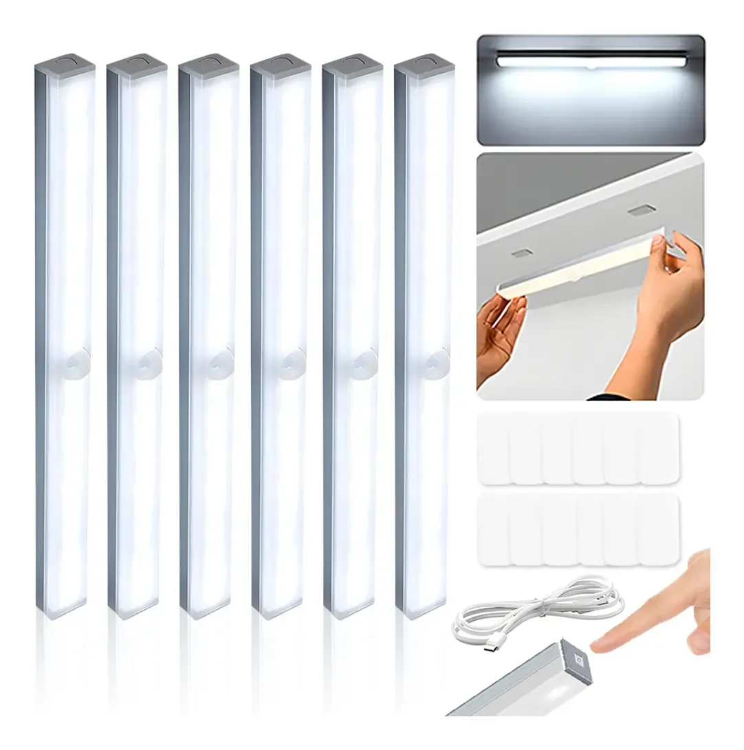 Luz LED, luminária de escada, armário, sensor de movimento, luminária de parede, recarregável, USB, luz, armário, armário, cozinha, garagem, carro, balcão, brilho ajustável, 6 peças, branca