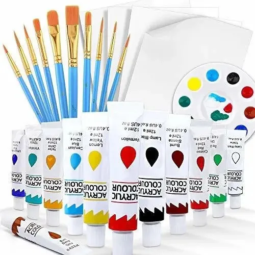 Conjunto de 12 tintas acrílicas com pincéis e telas | Esrich