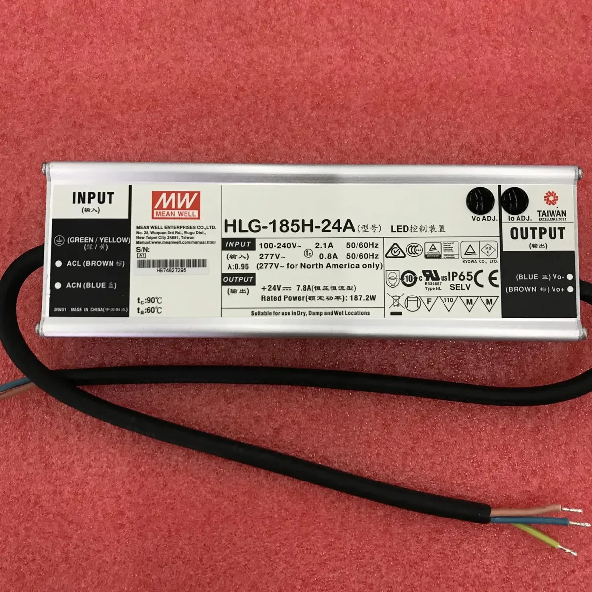 Mean Well HLG-185h-24a Tensão constante de 187,2 w + Driver de LED de corrente constante HLG-185h 24V 7,8a