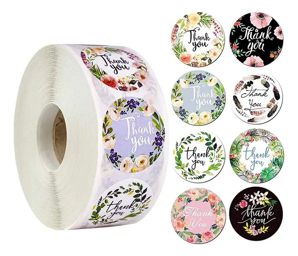 500 adesivos de agradecimento de 2,54 cm e 8 desenhos florais