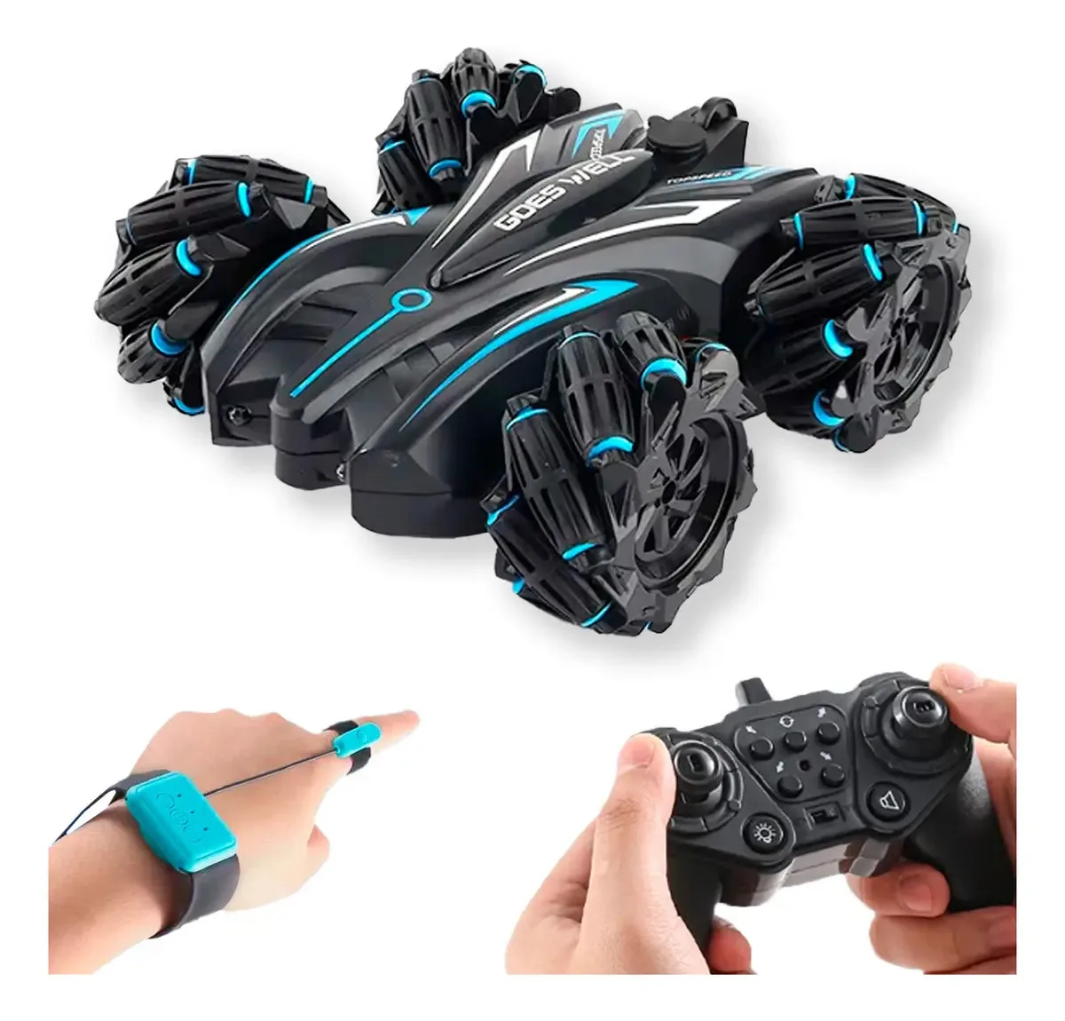 Carro acrobático RC giratório de 360° com controle e pulseira preta
