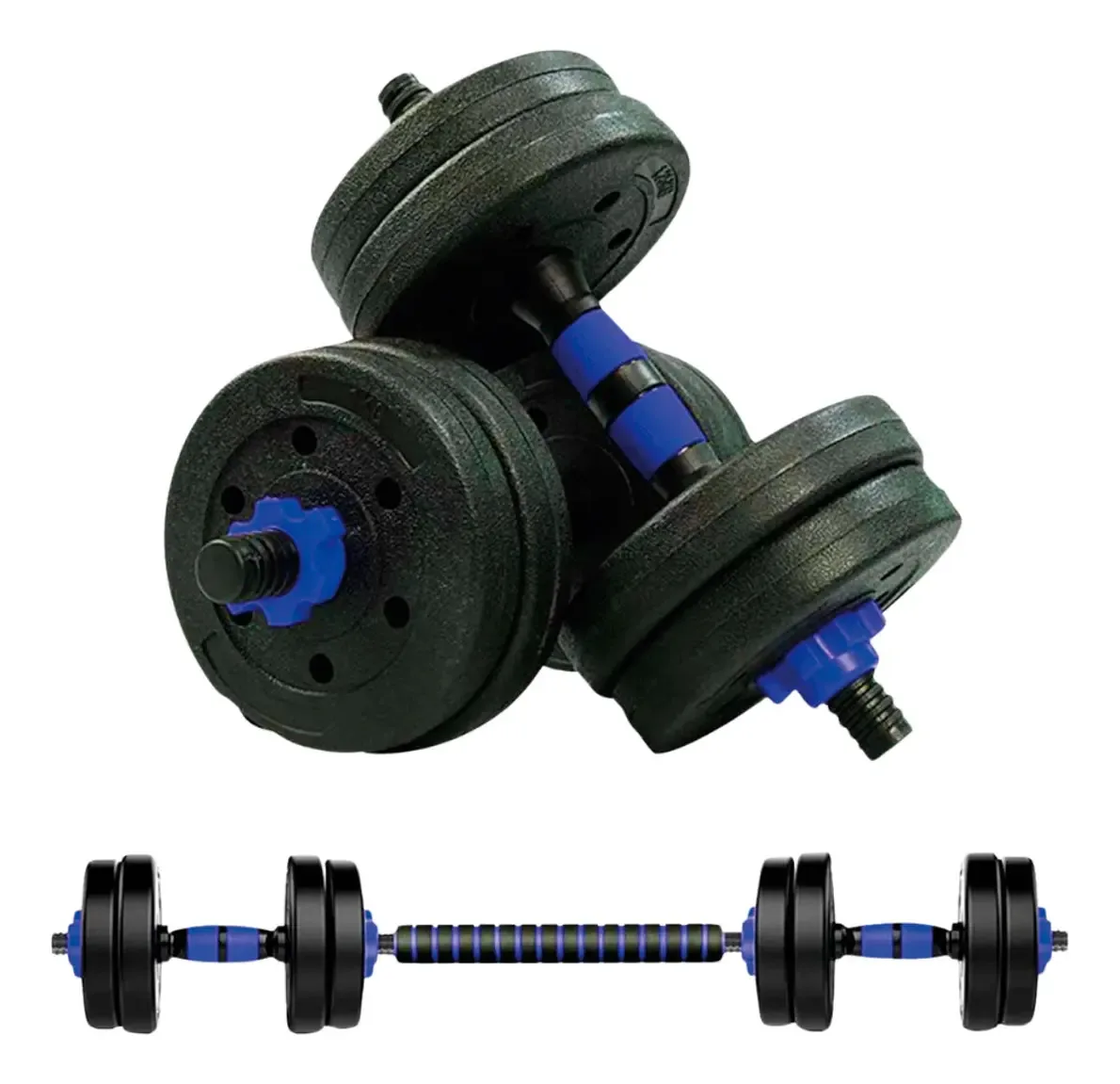 Conjunto de 2 halteres, barra 2 em 1 e discos de pesagem de PVC azul de 20 kg