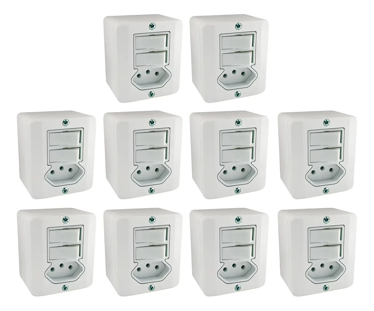 Kit com 10 Interruptores Duplos e Tomadas Radial Brancas Bivolt