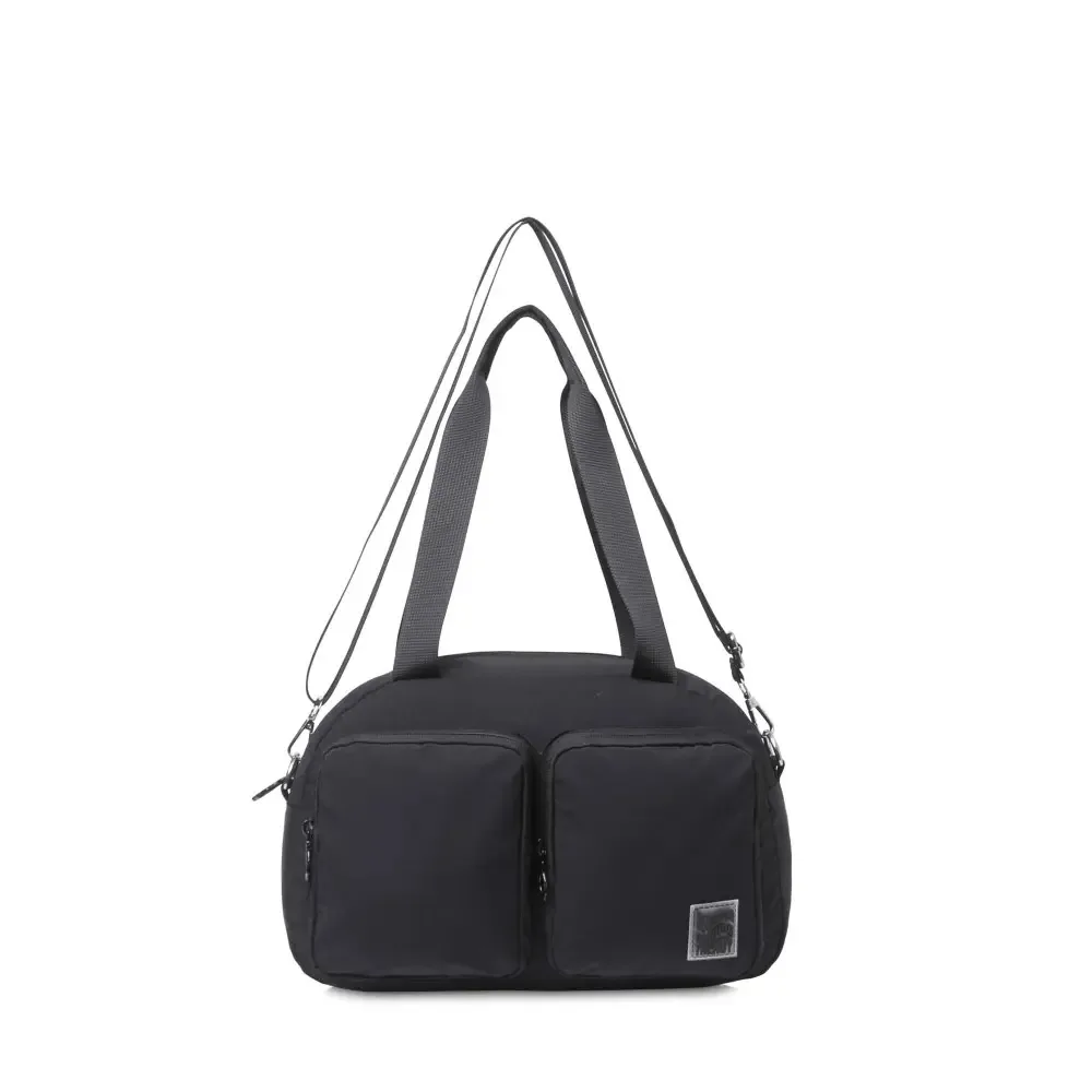 Bolsa de ombro, moda feminina, todos os dias, bolsos, acabamento, acabamento, níquel, cor preta, cor de ombro, tom de alça de ombro, design de tecido liso