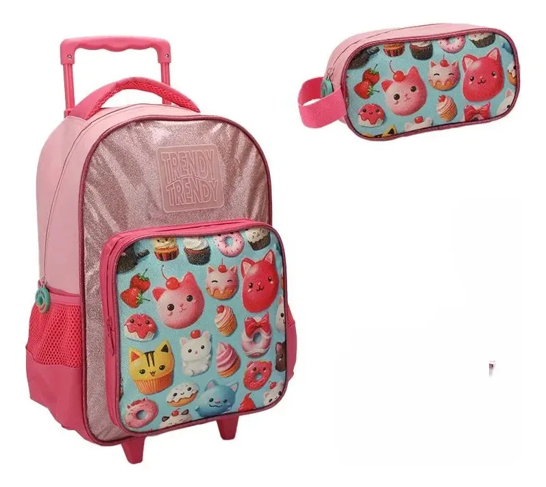 Conjunto moderno de mochilas e carteiras Muffin School para meninas com design de tecido estampado rosa