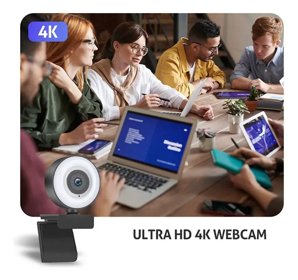 Câmera Web Koterry Hd 4k para computador, PC, laptop, webcam, conferência, webcam de jogos, com anel de luz e microfone