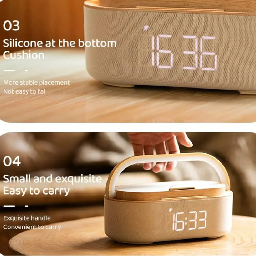 Alto-falante Bluetooth Lizusidtsy, despertador digital de 1800mAh com carregador sem fio, relógio, luz de rádio, alto-falantes duplos, cabeceira, casa